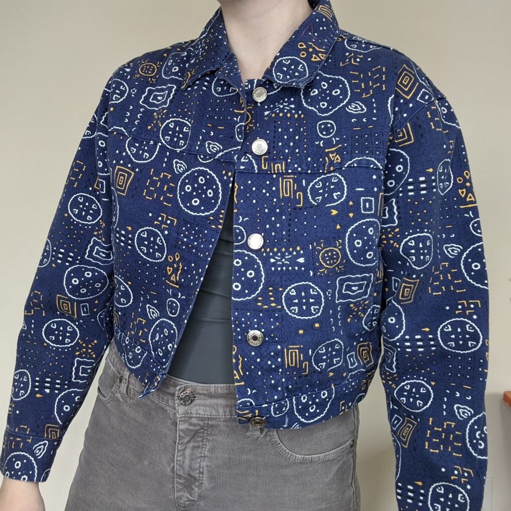 J Crew Funky Abstract Pattern Blue Denim Jacket